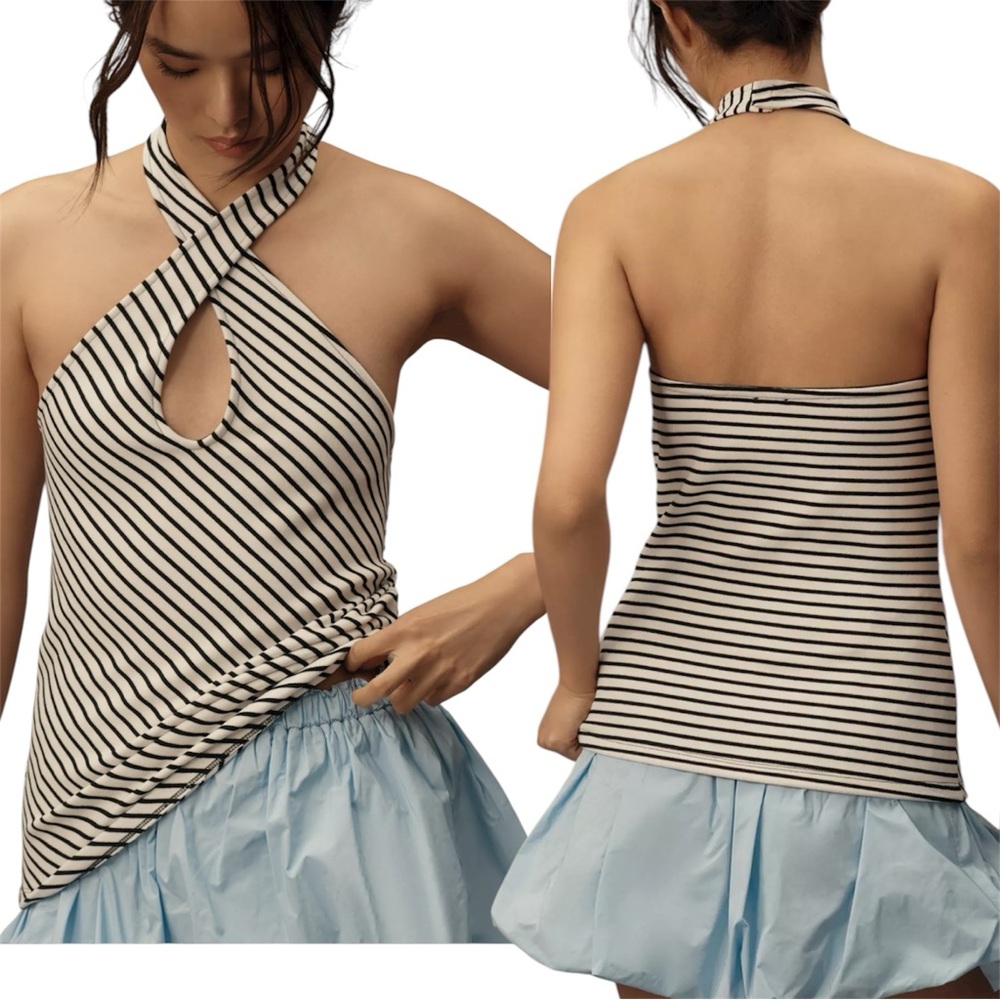 Maeve Black and White Striped Twist Neck Halter Top XS
